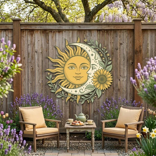 Sun & Moon Metal Wall Art – Celestial Sunflower Garden Decor, Boho Rustic Gift