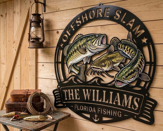 Personalized Fishing Metal Sign – Custom Family Name Bass Wall Art, Gift For Fisherman