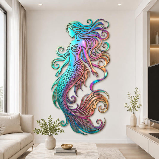 Colorful Mermaid Metal Wall Art – Large Iridescent Ocean Wall Sculpture, Gift For Beach House Or Coastal Living Room