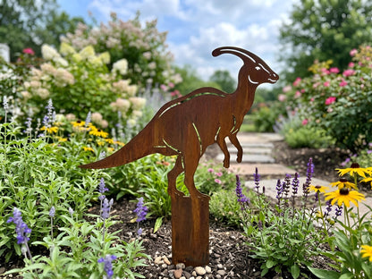 Parasaurolophus Dinosaur Garden Stake – Rusted Metal Yard Art, Gift For Dinosaur Lover