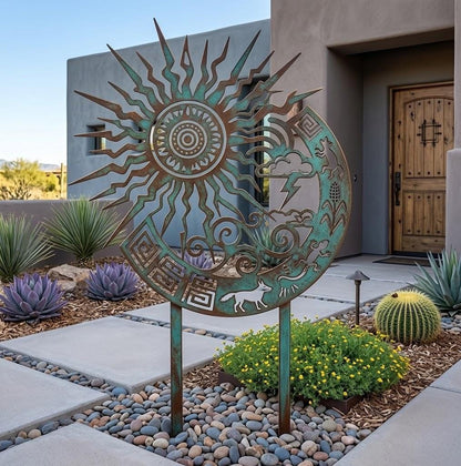 Celestial Sun Moon Metal Garden Stake – Southwestern Desert Wildlife Art, Gift For Home Owner