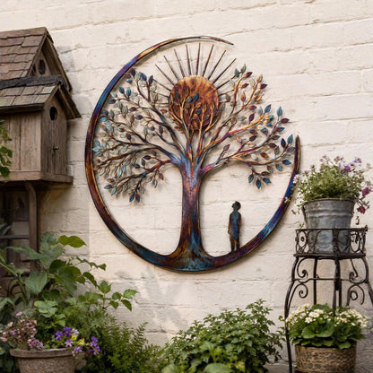 Tree Of Life Sun Metal Wall Art – Round Patina Nature Sculpture, Gift For Garden Patio Or Nature Lover