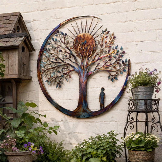 Tree Of Life Sun Metal Wall Art – Round Patina Nature Sculpture, Gift For Garden Patio Or Nature Lover