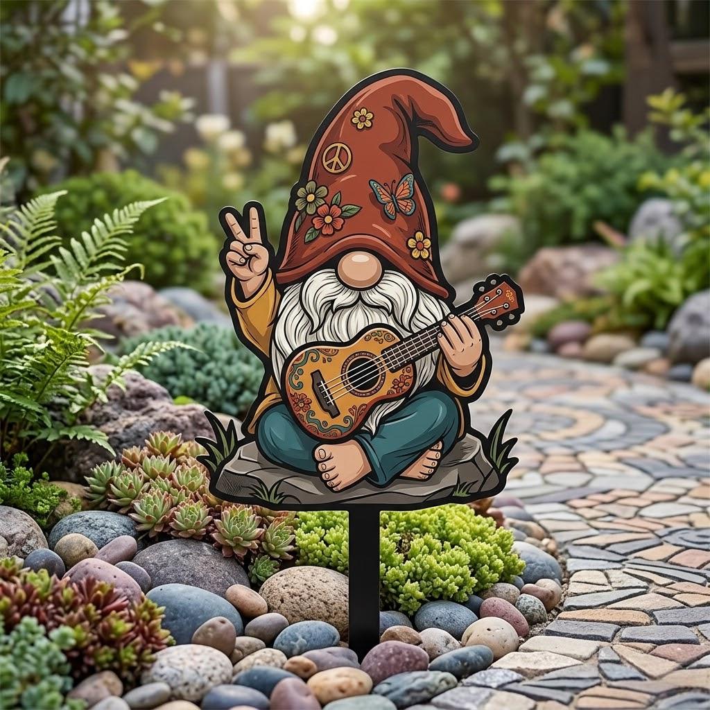 Peace Sign Hippie Gnome Garden Stake – Musical Boho Yard Art, Whimsical Gift