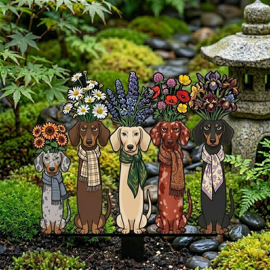 Dachshund Metal Garden Decor – Funny Wiener Dogs With Floral Crowns, Outdoor Patio Gift