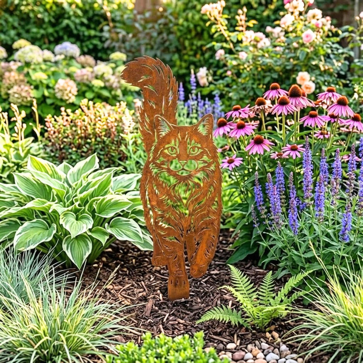 Rusted Cat Garden Stake – Fluffy Cat Metal Yard Art, Memorial Gift For Cat Lovers