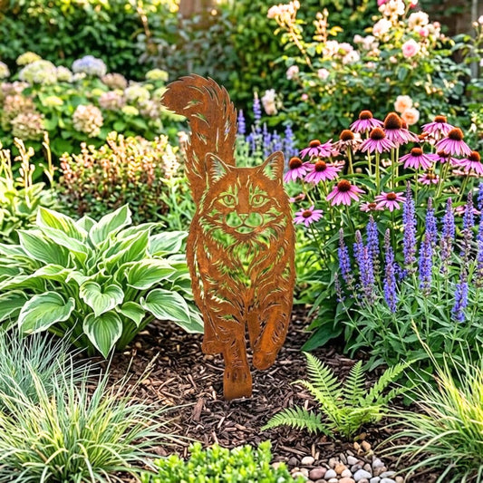 Rusted Cat Garden Stake – Fluffy Cat Metal Yard Art, Memorial Gift For Cat Lovers