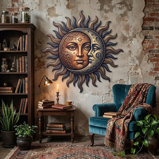Celestial Sun And Moon Face Metal Wall Art – Boho Astrology Sculpture, Gift For Mystical Home Decor Lovers