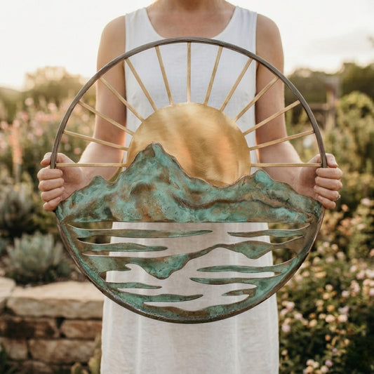 Mountain Sunrise Metal Wall Art – Round Patina Landscape Sculpture, Gift For Nature Lover Cabin Or Rustic Home