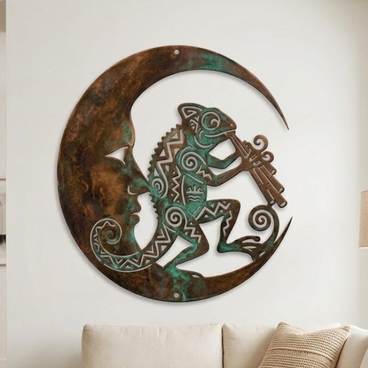 Kokopelli Chameleon Metal Wall Art – Southwest Moon Sign, Gift For Southwestern Or Boho Home Decor