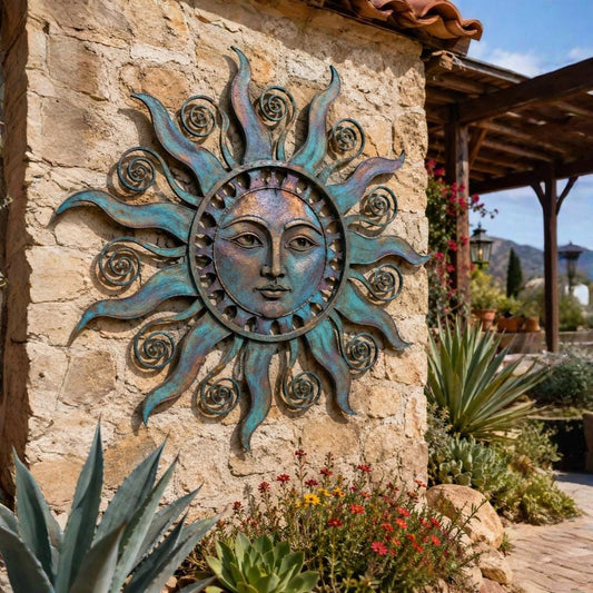 Sun Face Metal Wall Art – Turquoise Patina Celestial Garden Decor, Gift For Boho Home Lovers