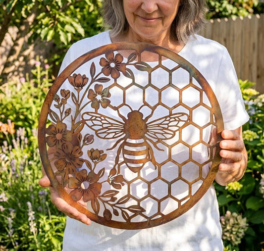 Bee Honeycomb Metal Wall Art – Rustic Floral Garden Decor, Gift For Bee Lovers
