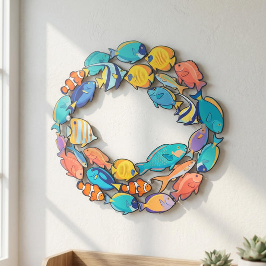 Tropical Fish Wreath Metal Wall Art – Colorful Ocean School Of Fish Decor, Gift For Beach House Or Coastal Home