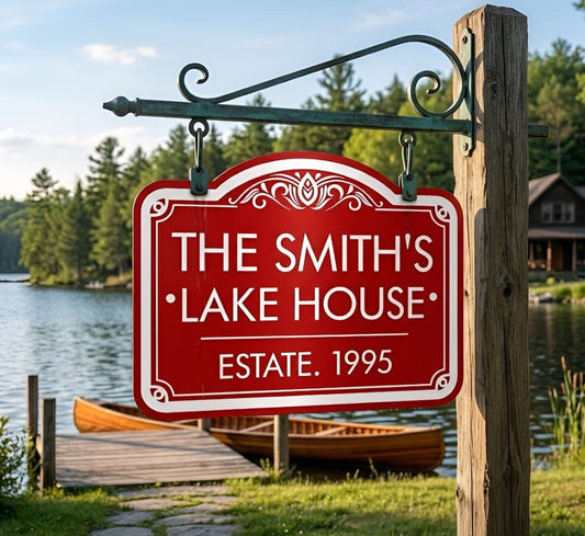 Personalized Lake House Sign – Custom Family Name Metal Plaque, Cabin Gift