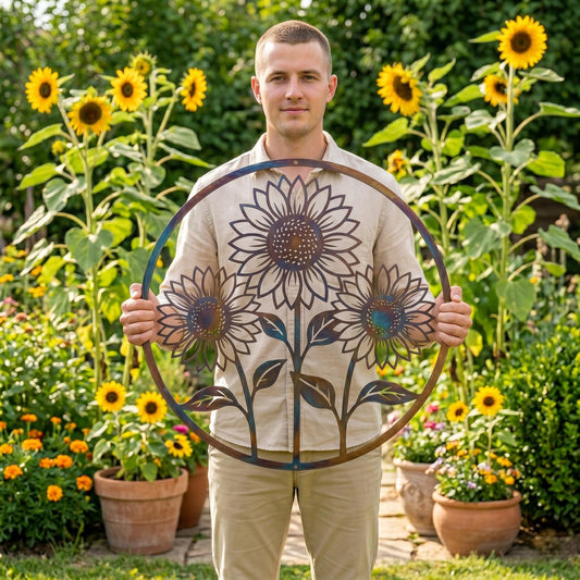 Sunflower Metal Wall Art – Round Floral Garden Decor, Summer Gift For Nature Lovers