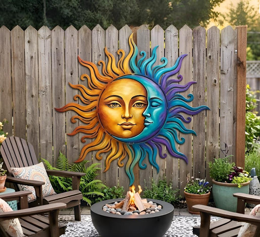 Sun And Moon Metal Wall Art – Celestial Boho Fence & Patio Decor, Gift For Garden Lover