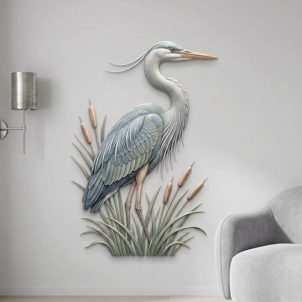 Blue Heron Metal Wall Art – Cattail Marsh Coastal Bird Decor, Gift For Bird Lover