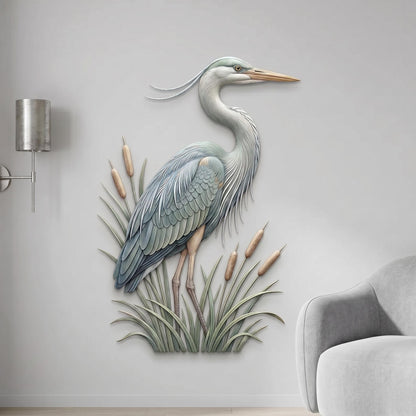Blue Heron Metal Wall Art – Cattail Marsh Coastal Bird Decor, Gift For Bird Lover
