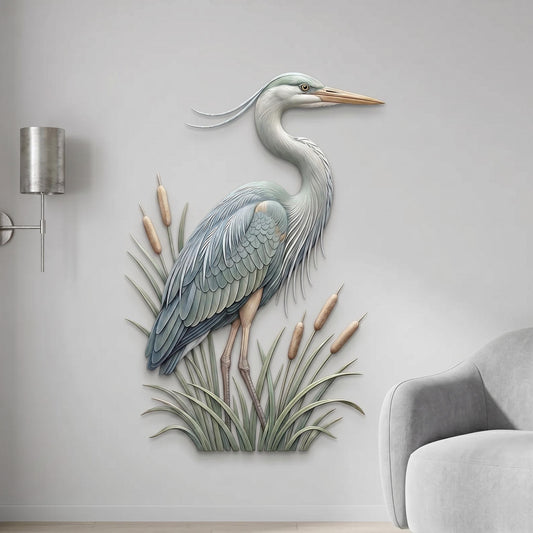 Blue Heron Metal Wall Art – Cattail Marsh Coastal Bird Decor, Gift For Bird Lover