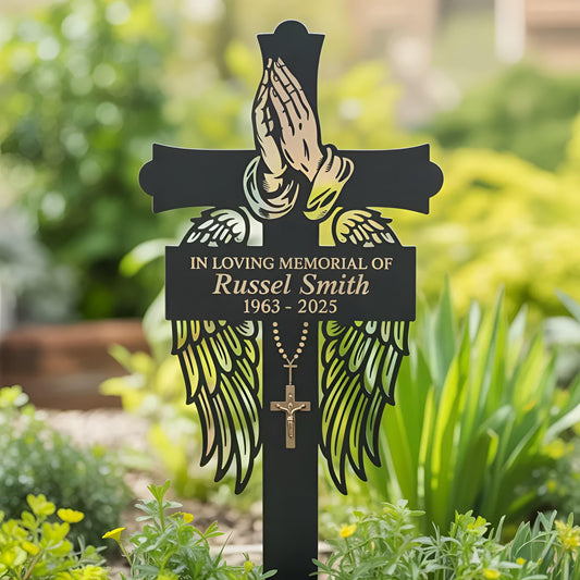 Personalized Memorial Cross Garden Stake – Custom Name Praying Hands Sign, Gift For Loss Of A Loved One