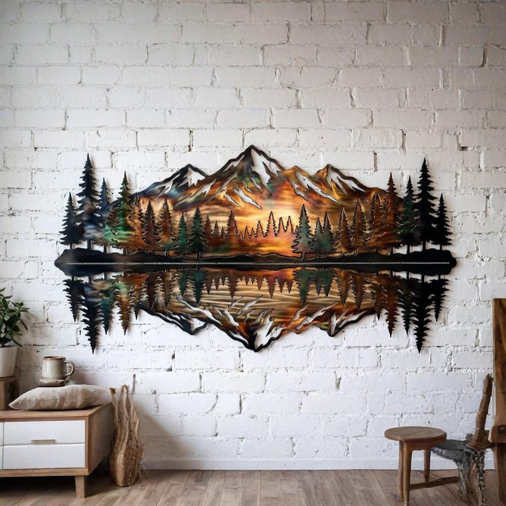 Mountain Lake Metal Wall Art – Pine Forest Reflection Rustic Cabin Decor, Housewarming Gift For Nature Lover