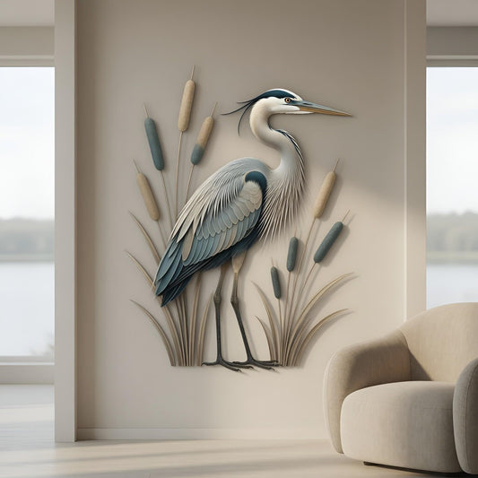Great Blue Heron Metal Wall Art – Minimalist Coastal Bird Sculpture, Gift For Bird Lovers