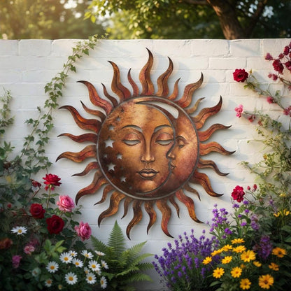 Sun And Moon Face Metal Sign, Celestial Star Wall Decor – Rustic Boho Patio Art, Gift For Housewarming