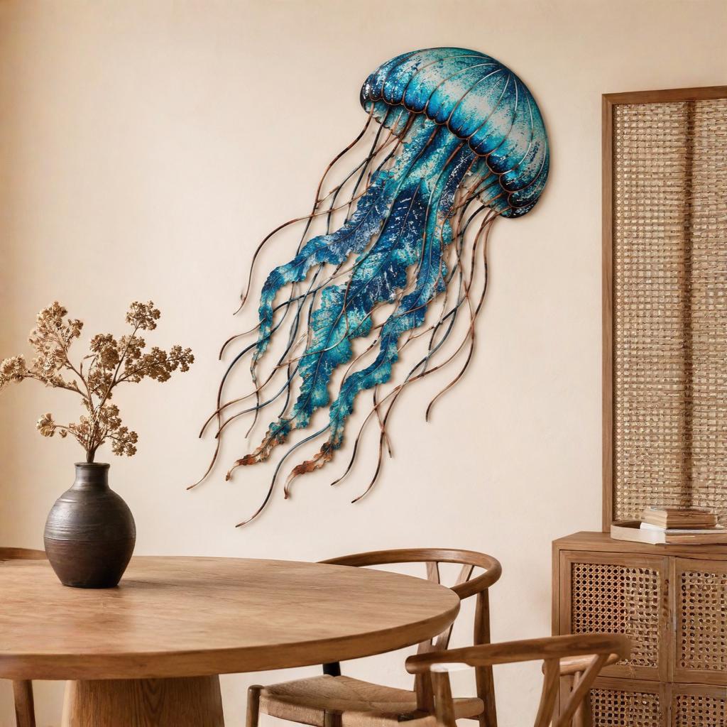 Jellyfish Metal Wall Art – Blue Coastal Wall Decor, Housewarming Gift For Sea Life Lovers