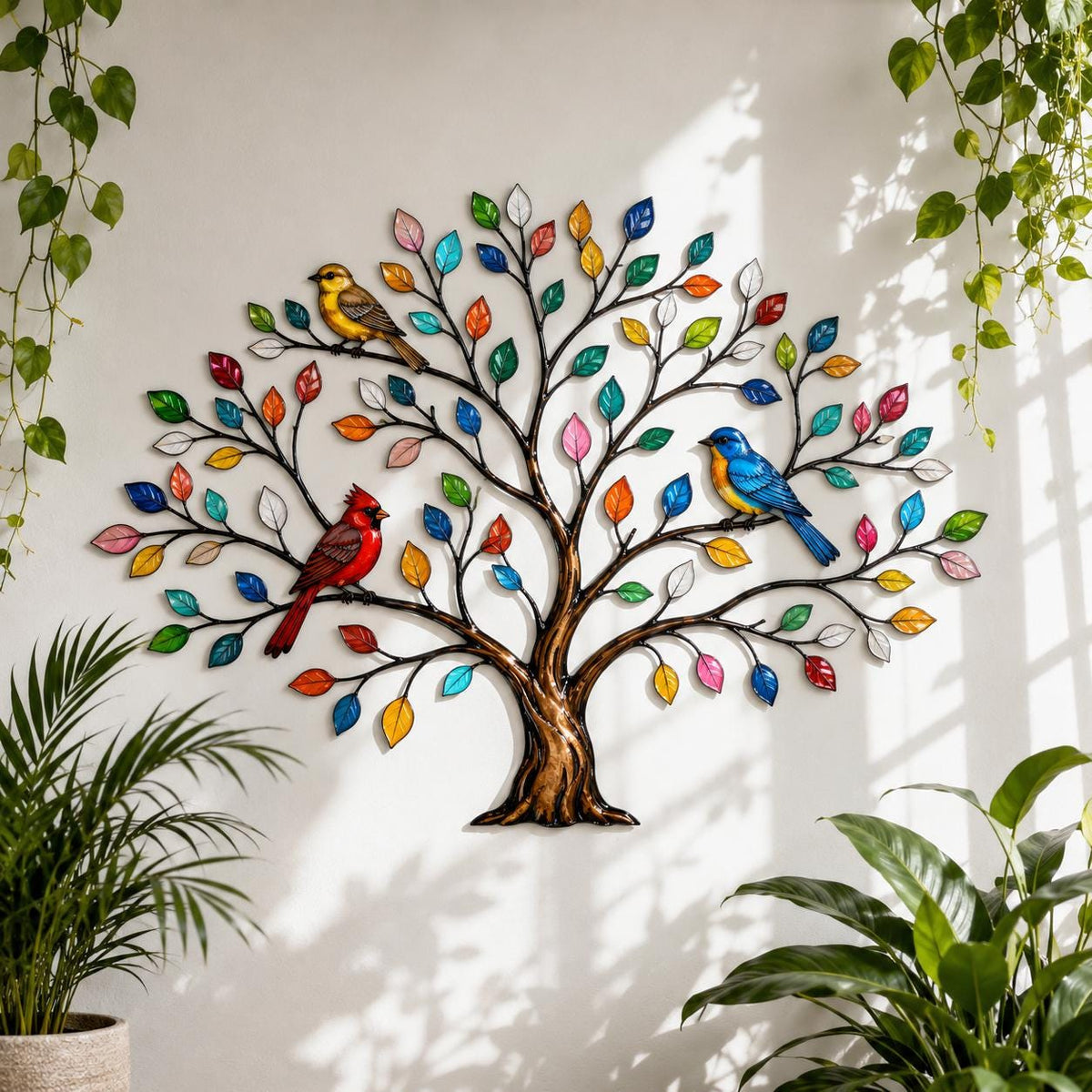 Colorful Tree Of Life Bird Metal Wall Art – Cardinal Bluebird Branch Sign, Housewarming Gift For Bird Lovers