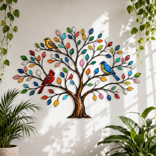 Colorful Tree Of Life Bird Metal Wall Art – Cardinal Bluebird Branch Sign, Housewarming Gift For Bird Lovers