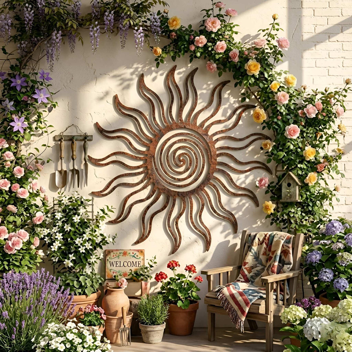 Spiral Sun Metal Wall Art – Rustic Boho Patio Sculpture, Gift For Garden Lovers