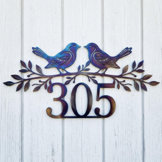Personalized House Number Metal Sign – Custom Address Birds On Branch Wall Art, Housewarming Gift