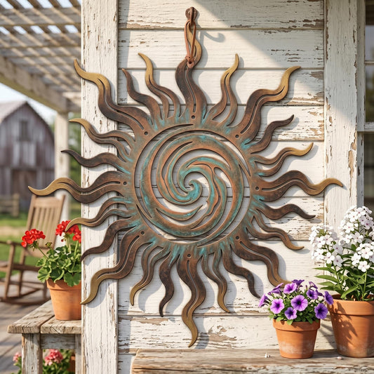 Spiral Sun Metal Wall Art – Rustic Copper Sunburst Decor, Gift For Outdoor Garden Lover