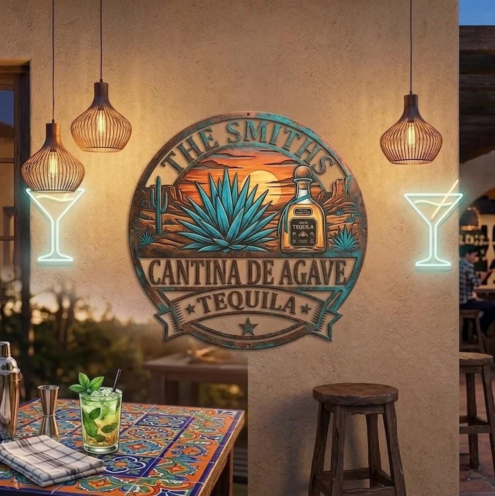 Personalized Cantina De Agave Tequila Sign – Custom Name Desert Sunset Metal Bar Art, Housewarming Gift