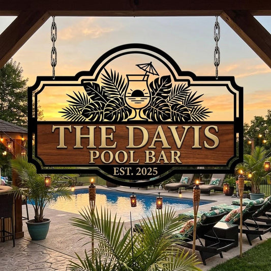 Personalized Pool Bar Metal Sign – Custom Name Tropical Tiki Patio Plaque, Gift For Backyard Pool Owners