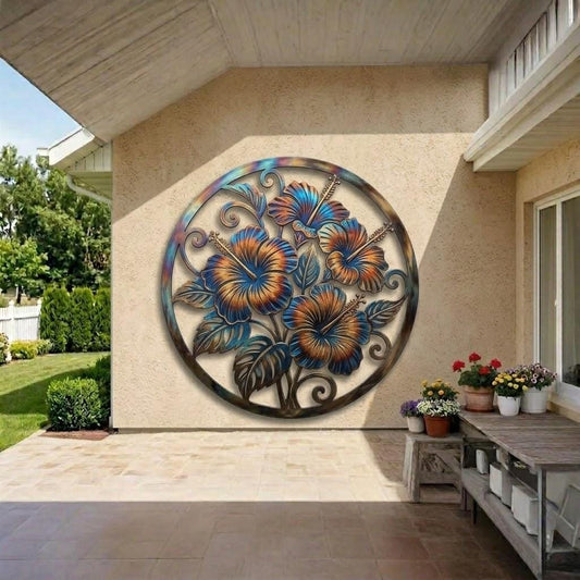 Hibiscus Round Metal Wall Art – Tropical Hawaiian Flower Decor, Gift For Coastal Patio Or Outdoor Garden Wall