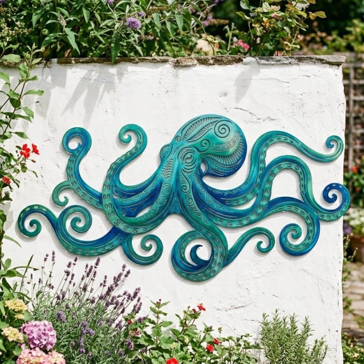Octopus Metal Wall Art – Teal Mandala Coastal Sculpture, Nautical Garden Gift