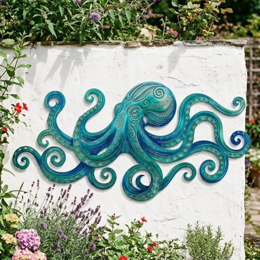 Octopus Metal Wall Art – Teal Mandala Coastal Sculpture, Nautical Garden Gift