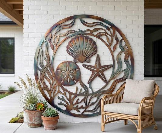 Seashell And Starfish Round Metal Wall Art – Coastal Coral Ocean Decor, Gift For Beach House Porch Or Patio