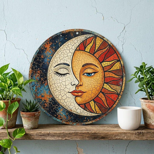 Sun & Moon Metal Wall Art – Rustic Celestial Round Sign, Astrology Gift For Boho Home Lovers