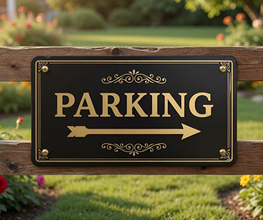 Elegant Parking Arrow Sign – Black & Gold Metal Directional Fence Decor For Business, Venue Or Event