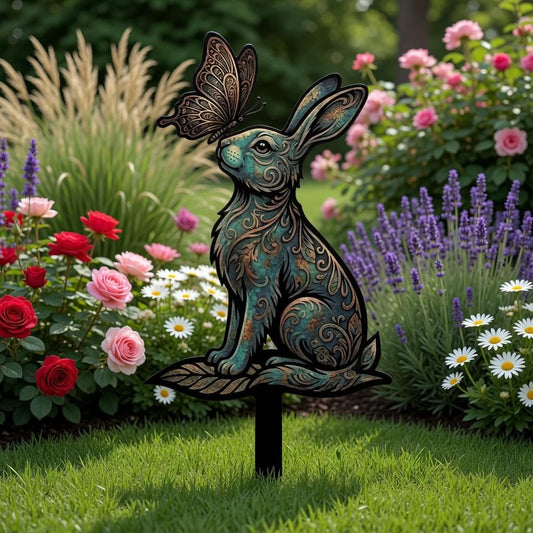 Rabbit Metal Garden Stake – Ornate Bunny & Butterfly Yard Decor, Gift For Garden Lover