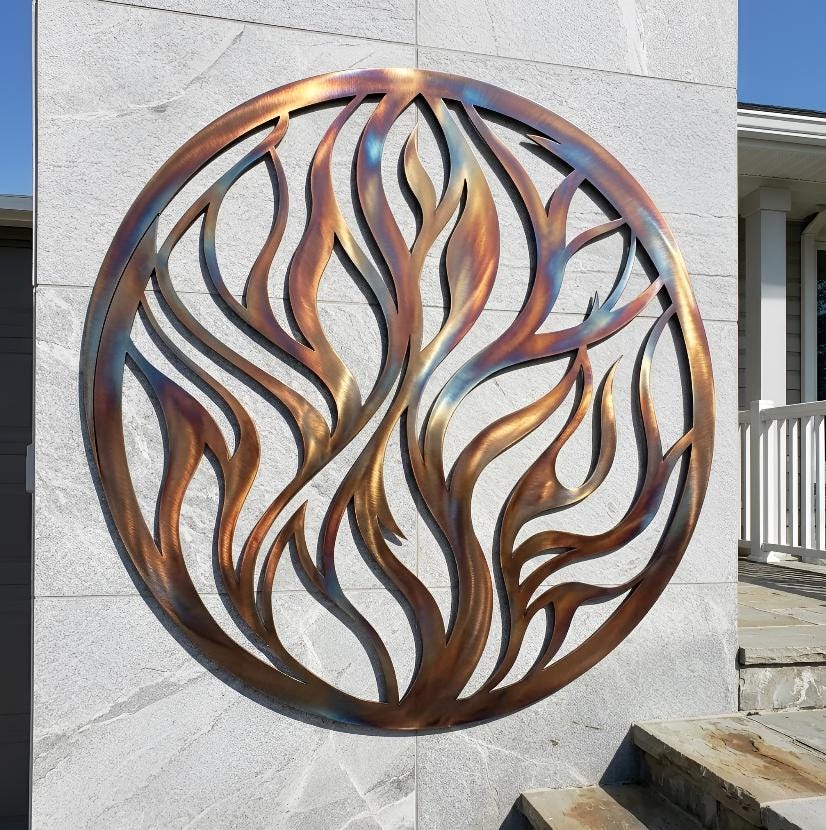 Round Flame Metal Wall Art – Rustic Fire Circle Decor, Gift For Modern Patio