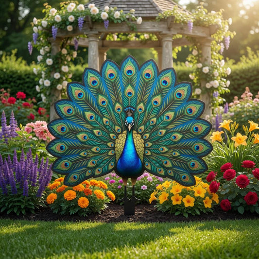 Peacock Metal Garden Stake – Colorful Feather Yard Art, Gift For Garden Lover Or Patio Decor