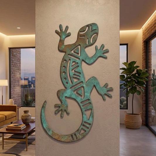 Southwest Gecko Metal Wall Art – Verdigris Patina Lizard Sign, Gift For Desert Decor Lover