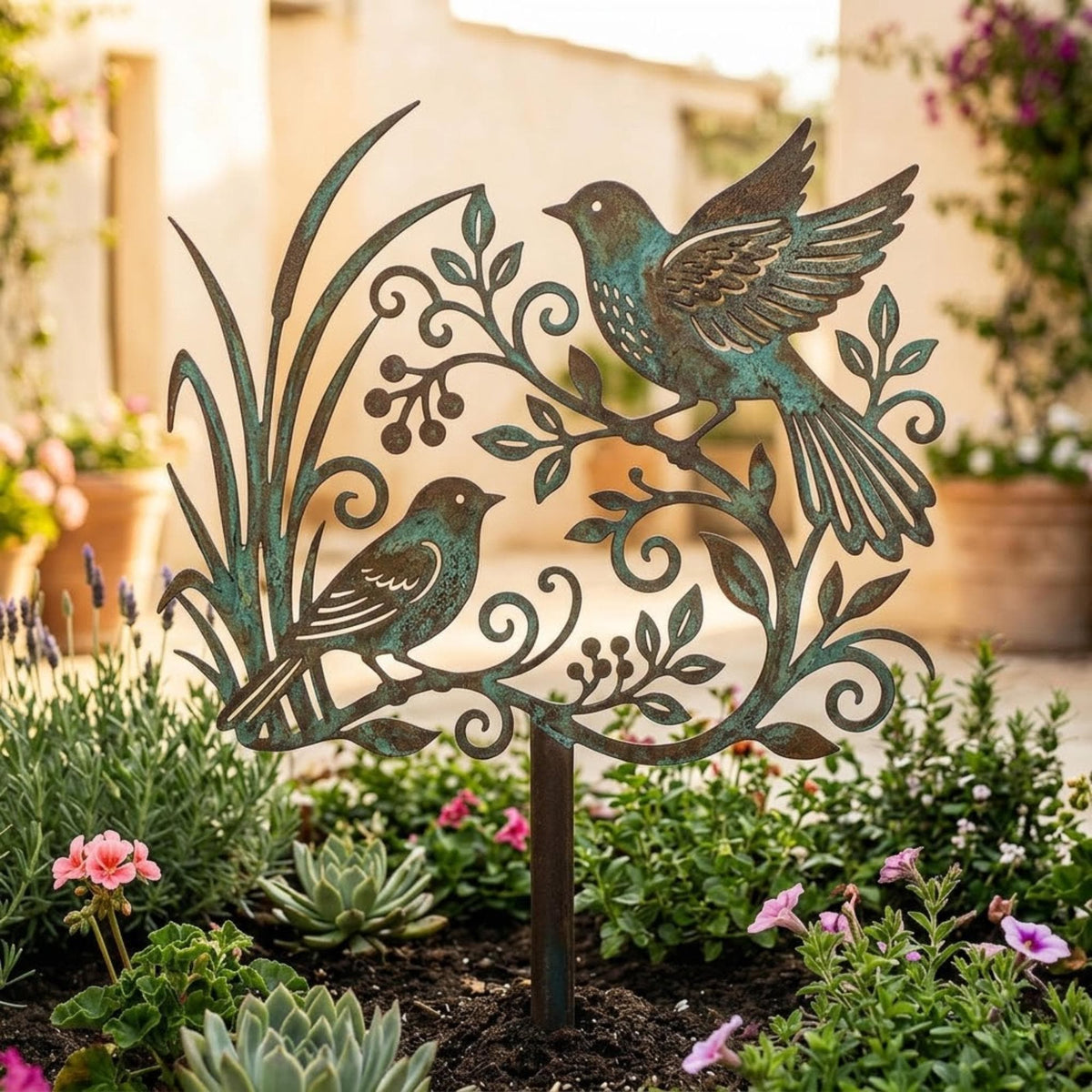 Patina Songbird Metal Garden Stake – Verdigris Bird & Vine Yard Art, Housewarming Gift For Nature Lovers