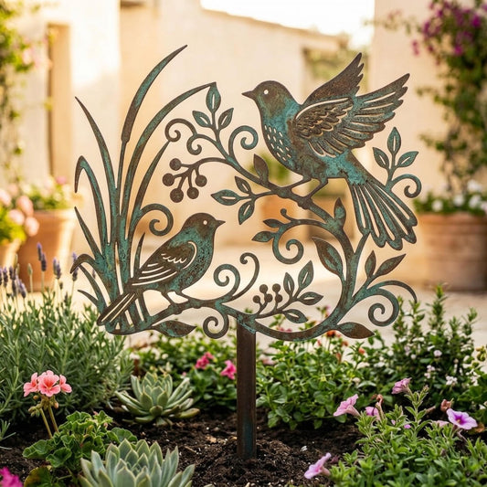 Patina Songbird Metal Garden Stake – Verdigris Bird & Vine Yard Art, Housewarming Gift For Nature Lovers