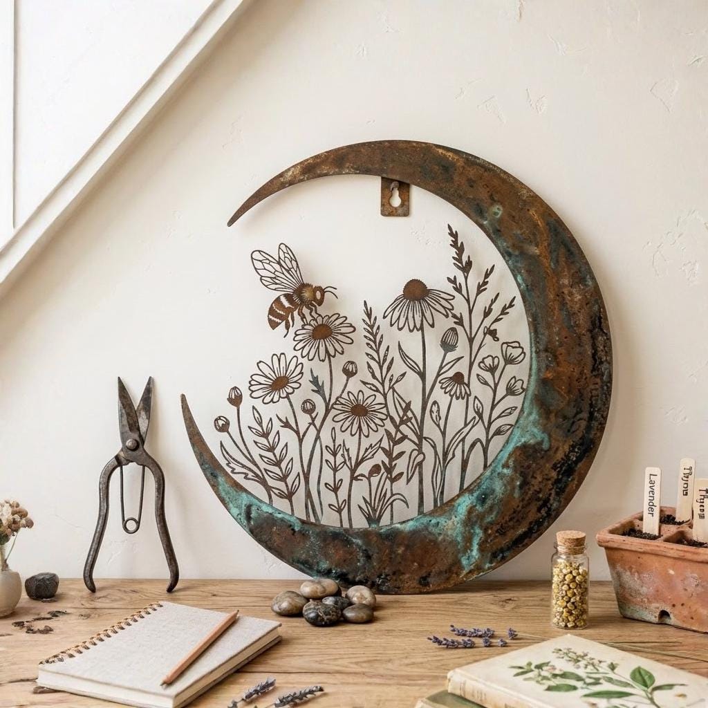 Crescent Moon Metal Wall Art – Bee And Wildflower Botanical Decor, Gift For Garden Lover Or Boho Home