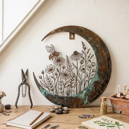 Crescent Moon Metal Wall Art – Bee And Wildflower Botanical Decor, Gift For Garden Lover Or Boho Home