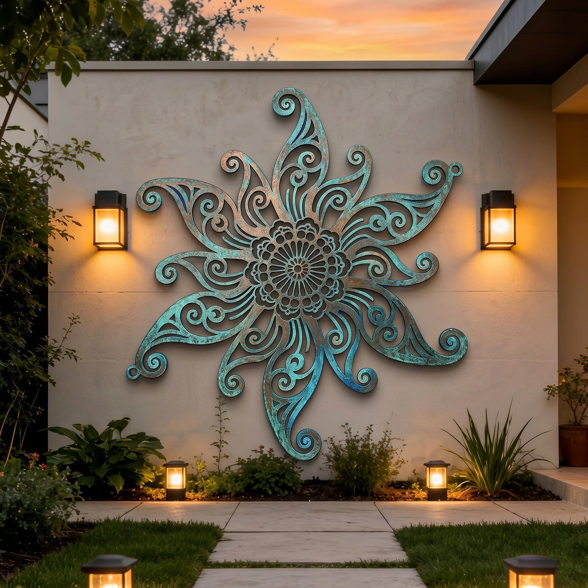 Verdigris Sun Mandala Metal Wall Art – Large Ornate Swirl Patio Decor, Gift For Garden Lover